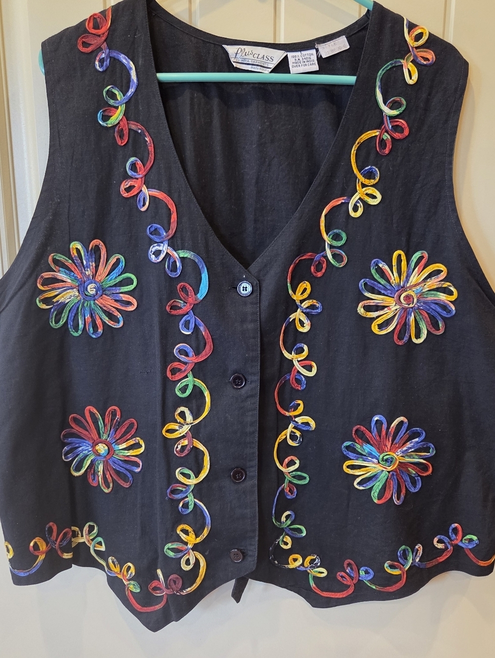 VTG Plus Class India Garments Rainbow Flower Applique Vest Large Boho Hippie
